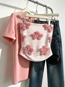 Resyla Top tubo casual y versátil para uso diario con decoración floral 3D a rayas para mujer - Multicolor - Ver 1
