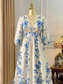 Rometta Women's Plus Size Deep Shirred Mid-Length Lantern Sleeve Cinched Waist Back Ruched Bow Tie Full Skirt Floral Print Beige Flower Long Dress - Blue - View 9