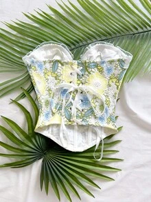 Soleia Women's Floral Embroidered Pattern Fitted Versatile Daily Vacation Outing Top White And Blue Floral Summer Sexy - Multicolor - View 2