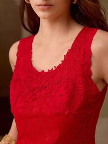 MOTF PREMIUM WOMEN'S SUMMER FASHION CONTRAST LACE TANK TOP - Red - View 2