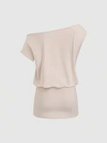 Sweetra Women's Solid Color Asymmetric Neck Casual Basic Fitted Short Dress Brunch Daytime Holiday Pink Chocolate Brown Summer - Multicolor - View 4