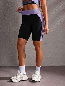 Powerista Short de sport décontracté ajusté en patchwork bleu pour femmes, pour l'entraînement quotidien et la gym, à porter tous les jours - Prune - Voir 4