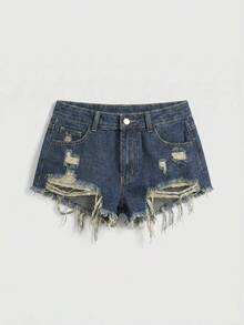 ROMWE Summer Vacation Daisy Floral Embroidered Distressed Denim Shorts - Blue - View 2