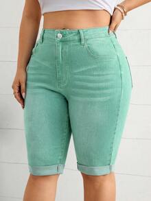 Firerie Plus Size Solid Color Zipper Fly Denim Shorts Suitable For Daily Wear - Mint Green - View 5