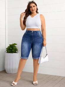 SHEIN Tall CURVE Plus Size Women's Casual Versatile Daily Denim Shorts With Pockets And Buttons - Blue - View 6