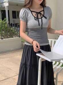 DAZY 女款圓領波點領結短袖T恤 - 灰色 - 查看 4