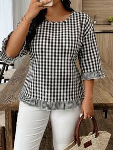 Weeklong Plus Size Women's Casual Plaid Ruffle Trim Short Sleeve Blouse, Versatile For Summer - Black and White - View 4