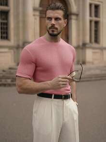 HIMLAND Loose Fit Men's Solid Waffle Knit T-Shirt - Baby Pink - View 9
