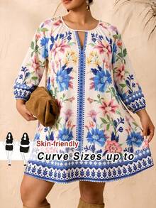 SHEIN CURVE+ 大尺碼女款花卉印花挖空領口休閒度假洋裝 - 彩色 - 查看 1