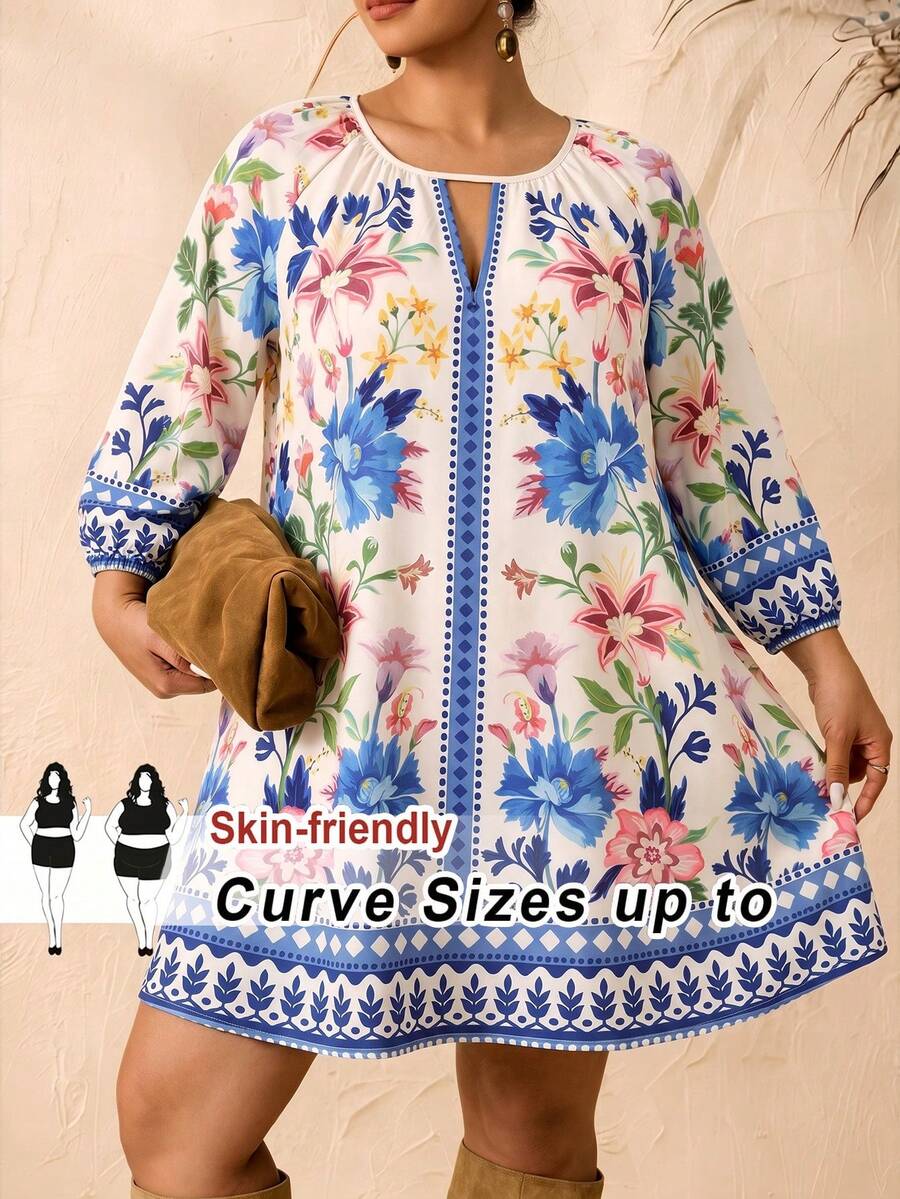 SHEIN CURVE+ 大尺碼女款花卉印花挖空領口休閒度假洋裝 - 彩色 - 查看 1