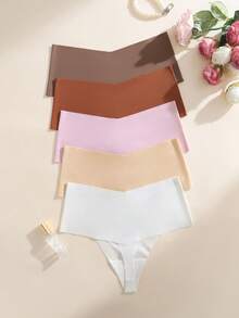 SHEIN 5pcs/Pack Women's Seamless Solid Color Mid-Waist Thong Panties - Multicolor - View 7