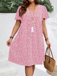 EMERY ROSE Vestido de vacaciones de verano con mangas con volantes y estampado floral pequeño para mujer de talla grande - Rosa coral - Ver 5
