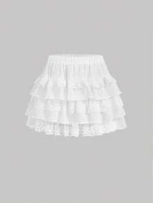 SHEIN MOD Contrast Lace Ruffle Hem Skirt - White - View 3