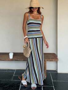 DAZY Summer Holiday Party Outfit Brown Spaghetti Strap Striped Fitted Midi Dress For Women - Lake Blue - View 3