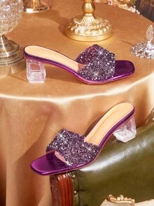 CUCCOO TILAWA Transparent Asymmetrical Chunky Heel Women's Glass Rhinestone Sandals - Purple - View 2