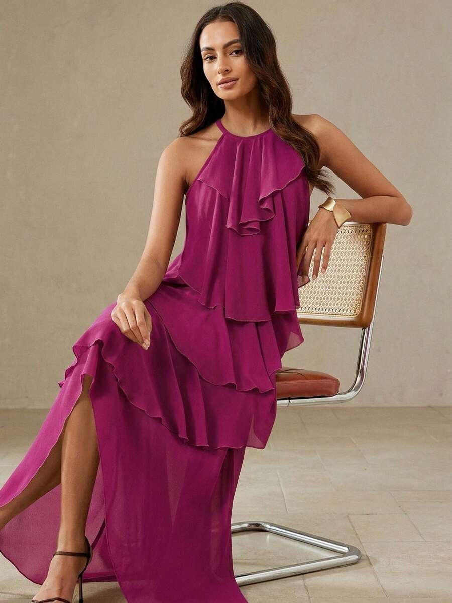 BELROSIE Vestido largo sin mangas con cuello halter de gasa, capas escalonadas y diseño asimétrico delantero y trasero - Rosa Fucsia - Ver 1