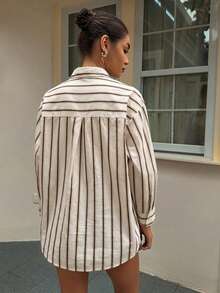 DAZY 女款法式休閒寬鬆紅白條紋2合1襯衫，適合辦公室與早午餐，藍白配色，秋季教師節長袖上衣 - 淡黃色 - 查看 2