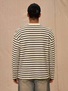 Musero Men Relaxed Fit Crew Neck Graphic Letter Print Striped Long Sleeved Top Spring&Summer - Apricot - View 3