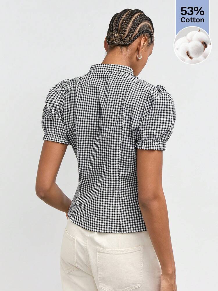 SHEIN Maija Women's Black And White Plaid Petal Sleeve Ruffle Blouse