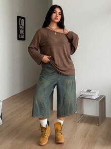 Coolane 女款大尺碼春夏哥德風 Grunge Y2K 丘比特圖案舒適不對稱領針織露肩灰色長袖T恤，X Rafael Machado Y2K 圖案T恤 - 咖啡棕 - 查看 4