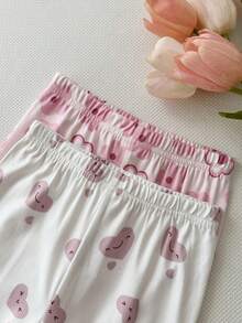 SHEIN LMoss Kids 少女針織花卉愛心圖案休閒簡約修身舒適圓領短袖T恤與長褲修身居家服，適合春夏，4件組 - 彩色 - 查看 5