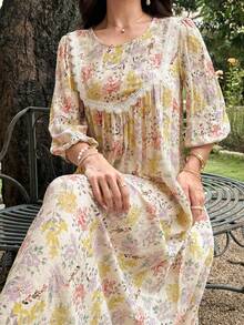 Al Najma Gaun Flare Patchwork Leher Bulat Bermotif untuk Wanita - MultiWarna - View 1