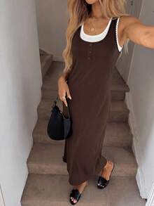 SHEIN LUNE Women's Casual Colorblock 2 In 1 Summer Vacation Commute Brunch Daily Basic Fashion Outing Sleeveless Midi Dress Brown And White Summer Outfits - Dark Grey - View 9