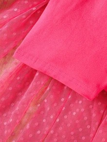 SHEIN 韓系女嬰字母印花無袖網紗洋裝，西瓜紅波點多層薄紗公主裙，女童時尚外穿背心式薄紗裙 - 粉色 - 查看 9