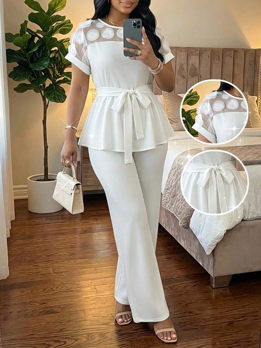 SHEIN Lady CURVE 大码女士优雅拼接透视网纱系带上衣和裤子两件套，适合日常穿着和工作场合，春夏款 - 白色 - 查看 1