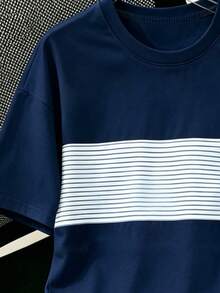 SHEIN Boys' Blue Base Blue & White Striped All-Over Print Short Sleeve T-Shirt, All-Match Versatile Casual Daily Wear, Suitable For Outings And Street, Spring Summer Autumn - Multicolor - View 5