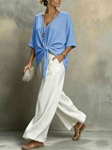 Weeklong Plus Size Casual Vacation Loose Hem V-Neck Short Shirt Vacation Light Blue Summer - Blue - View 5