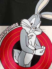 LOONEY TUNES X SHEIN 男童休闲时尚街头运动卡通兔子数字字母图案撞色保暖卫衣，秋冬款 - 白色 - 查看 4