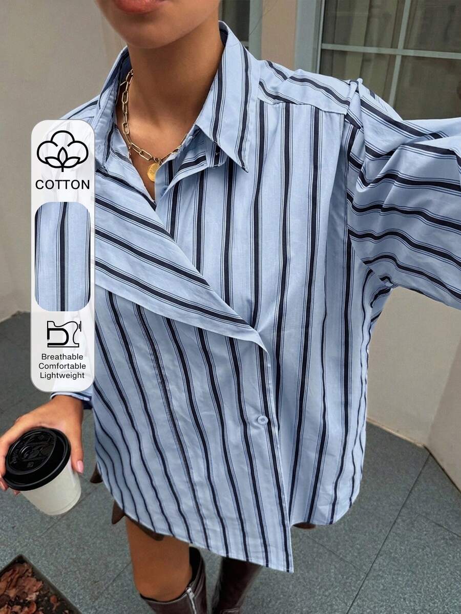 DAZY 女士休闲宽松条纹二合一衬衫 - 淺藍色 - 查看 1