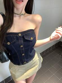 DAZY 春夏音樂節平口式背心上衣 時尚派對修身顯瘦優雅通勤女款牛仔上衣 - 深色水洗藍 - 查看 7