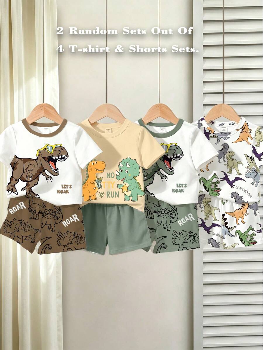SHEIN 隨機 4 套發 2 套,男嬰恐龍印花 T 恤配印花短褲,恐龍標誌圖案配短褲,恐龍圖案 T 恤配印花短褲,隨機組合套裝適合春夏季穿著 - 彩色 - 查看 1