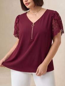 Chikora Plus Size Women's Elegant Zipper Half-Placket V-Neck Lace Patchwork Cuff Blouse - Burgundy - View 5