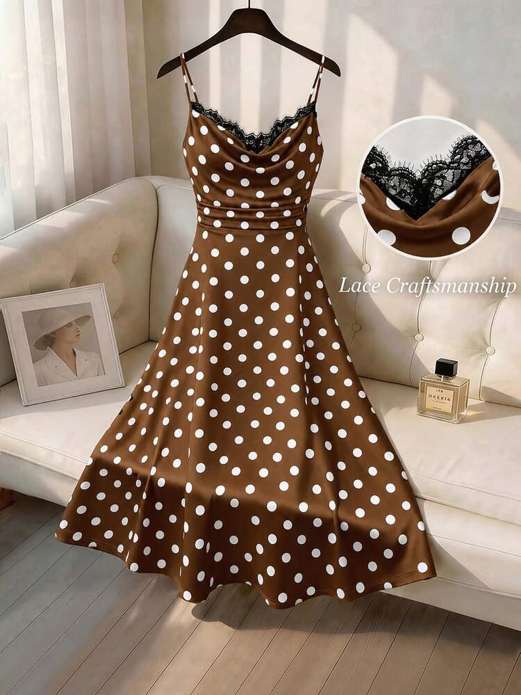 brown polka dot dress amazon SHEIN Clasi Women's Print Lace Patchwork Cowl Neck Sleeveless Spaghetti Strap Pleated Fitted Dress, Elegant Fashion For Daily, Vacation, Party Size:15 US Women (12 UK/AU) Petite Raya Blue Check Women's Crop Top brown polka dot top 128cm Rachel is 52/158