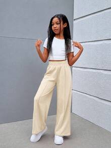 SHEIN Tween Girl Street Style Mix & Match Knit Solid Color Straight Leg Pants - Apricot - View 2