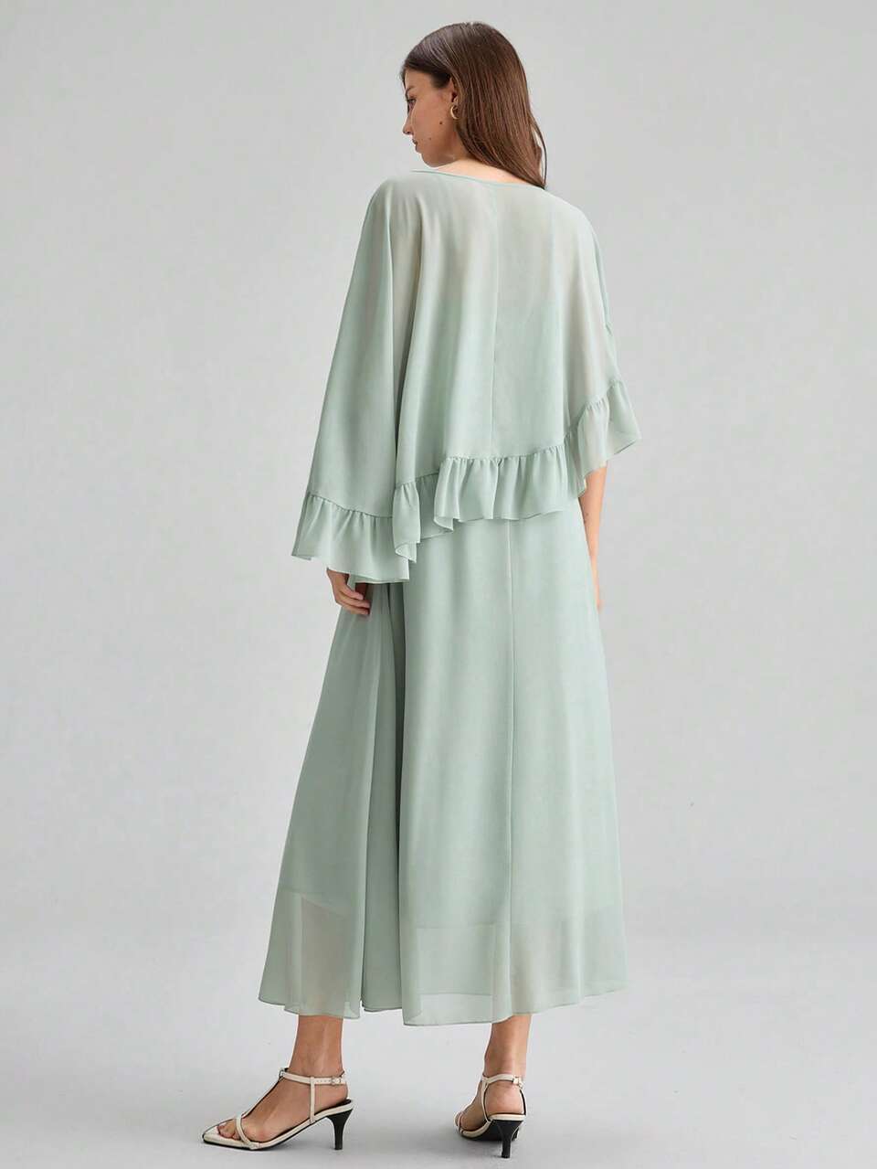 Elegant Flowy Minimalist Gentle Draping Built-In Shawl Cape Asymmetrical Camisole Two Pieces Sage Green Dress For Women, All Season Garden Party