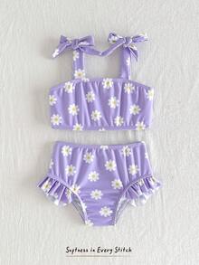Cozy Pixies 嬰兒/幼兒（女童）雛菊花甜美可愛荷葉邊泳衣套裝，適合戶外度假、海灘玩耍 - 紫色 - 查看 9