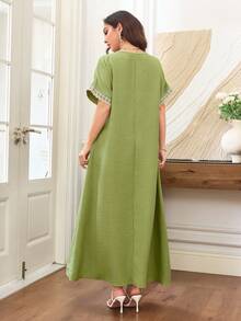 Al Najma Vestido elegante y fresco de unicolor con cuello en V, encaje bordado, 2 en 1, holgado y estilizante, con vuelo, para mujer - Verde - Ver 8