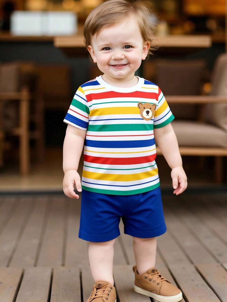 SHEIN Playful Pals 2pcs/Set Baju Bayi Laki-laki Motif Beruang Lucu & Garis-garis Leher Bulat Lengan Pendek + Celana Pendek Biru Tua, Cocok Untuk Beraktivitas di Musim Panas - MultiWarna - View 1