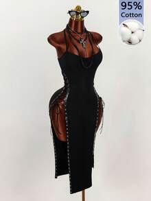 Amplova Damen Kleid in mittlerer Länge mit Spaghettiträgern, Ring-Detail, Schlitz und Bindeband - Schwarz - Übersicht 9