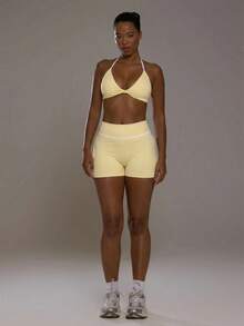 Musera Sport Contrast Colour Stripe High Waist Ruched Scrunch Bum Fitted Active Shorts Sport Workout Gym Cute Pilates Fitness Daily - Butter Yellow - View 2
