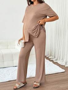 Slowluna Maternity Solid Color Round Neck Nursing Top And Adjustable Waist Long Pants Casual Daily 2 Pieces Set Loungewear Pajama Nightgown Robe  - Khaki - View 9