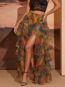 Hauture Women's High Waist Tie-Dye Multi-Layer Ruffle Fashion Skirt - Multicolor - View 1