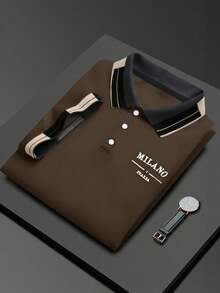 Manfinity Homme 男士珠飾刺繡羅紋領短袖休閒 Polo 衫，儀式穿著 - 棕色 - 查看 2