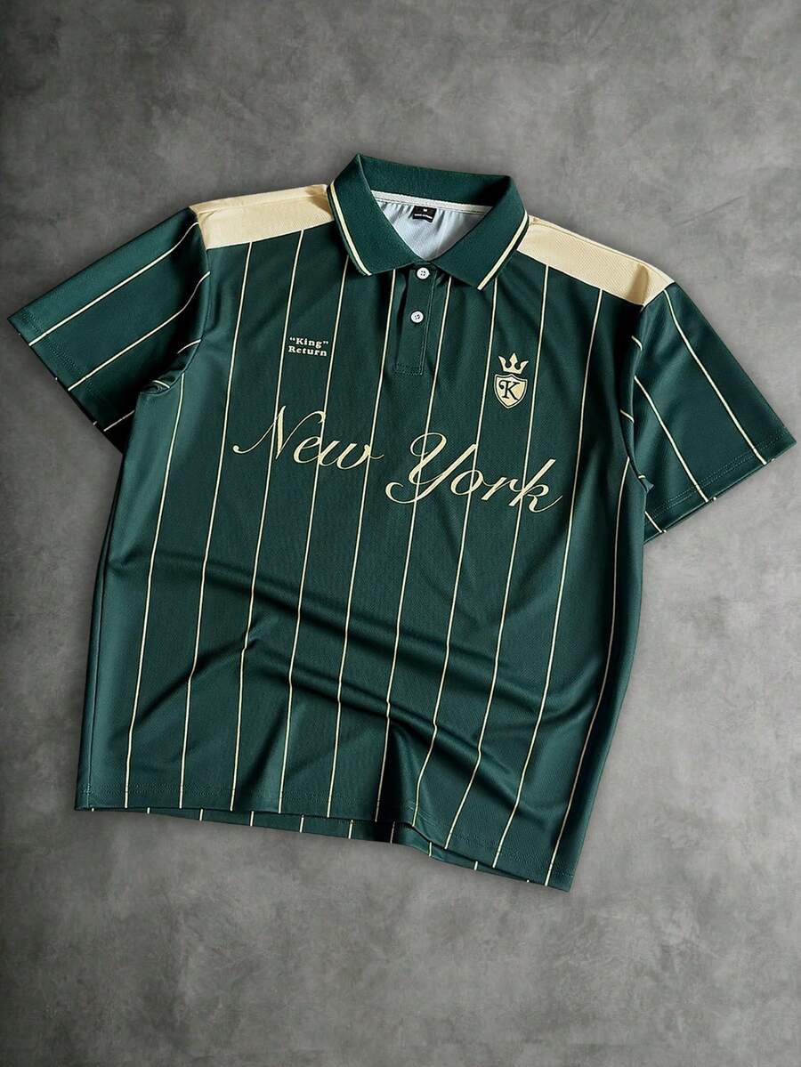 Manfinity Roghcode 男士條紋與字母圖案短袖時尚 Polo 衫 - 墨綠色 - 查看 1