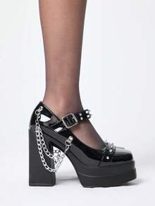 ROMWE Grunge Punk Women's Fashion Sexy Platform High Heels Shoes Punk Gothic Street Style Word With Rivet Inlay With Bimetal Chain Decorative Design Festival - Black - View 2
