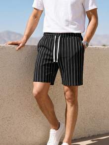Manfinity VDAYZ Plus Size Men's Vertical Striped Casual Shorts Men Striped Shorts Men Streetwear Shorts Shorts For Men Black And White Men Summer Short Men Drawstring Shorts - Black - View 1